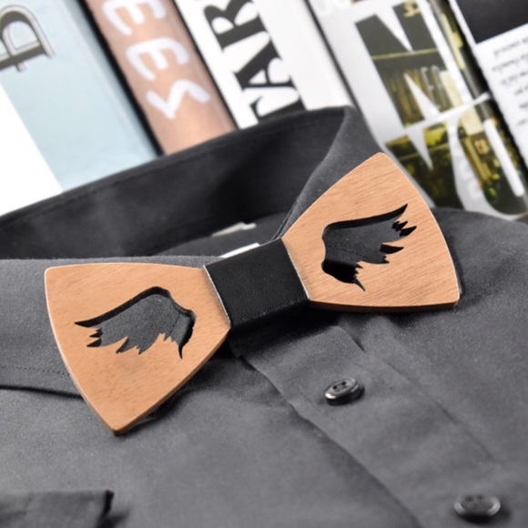 Hand Carved Angle Wings Wooden Butterfly Bow Tie - Picture 5 of 8